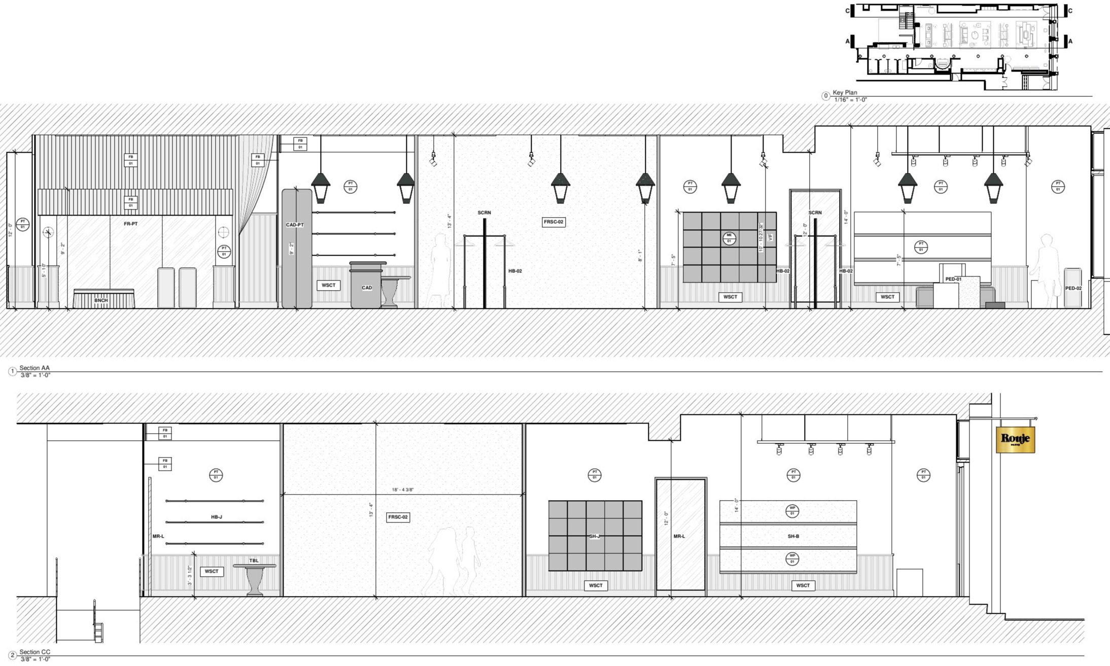 Interior elevations: fresco wall, wainscoting, hanging bars,